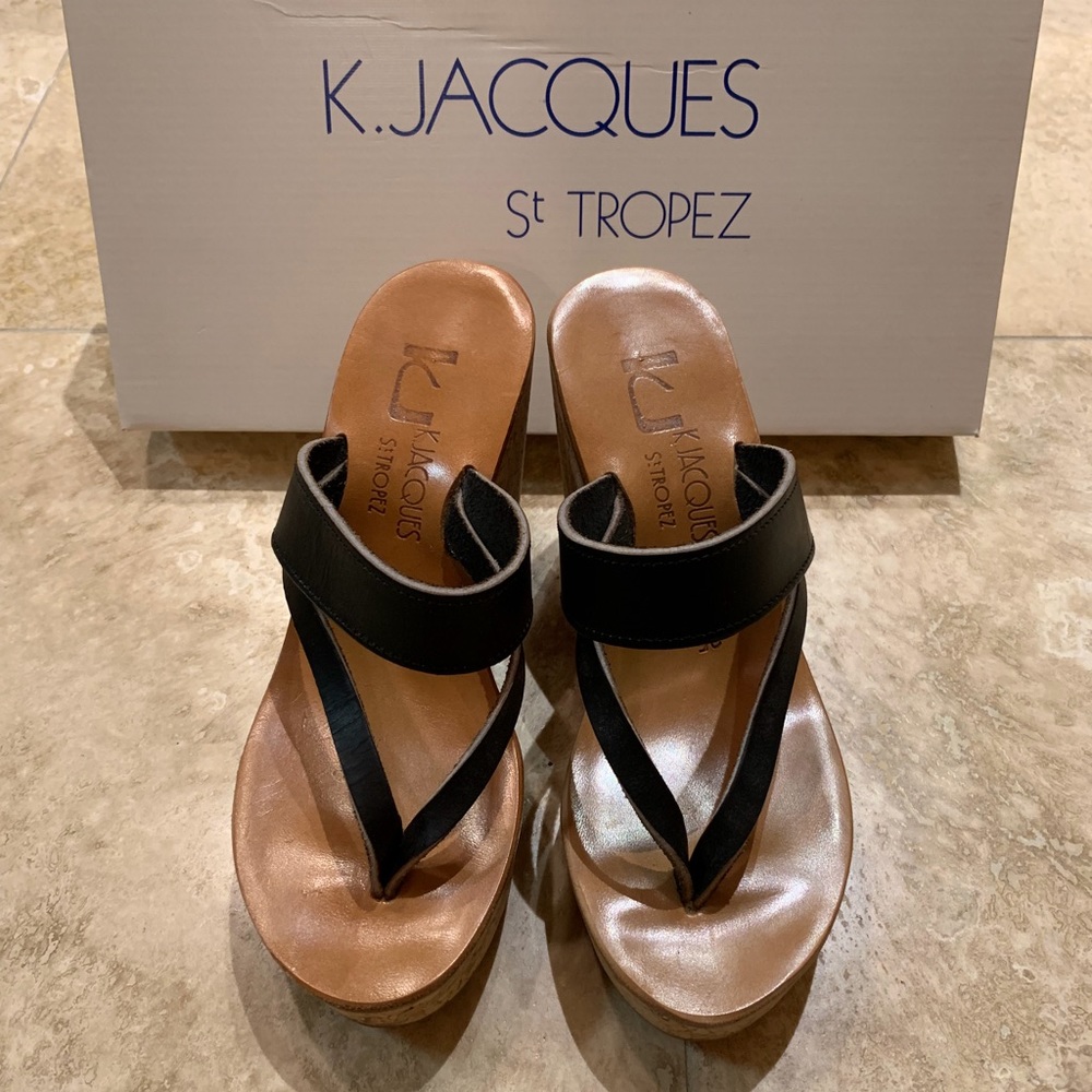 NWOT K. JACQUES black and cork platform wedges